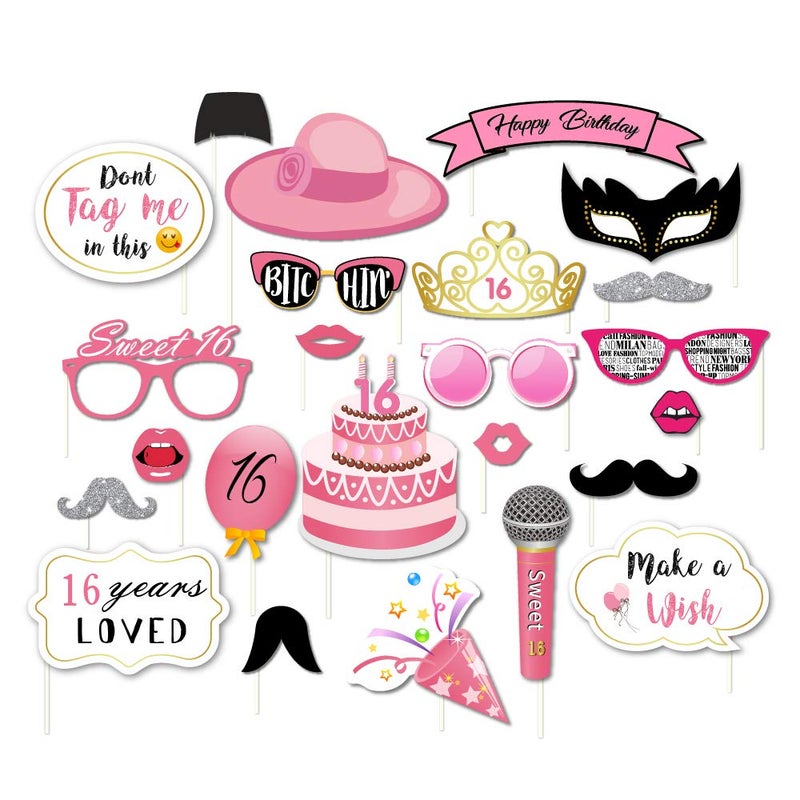 CC HOME Sweet 16 Photo Booth Props,Happy Sixteen Photo Booth Props for 16th Birthday Party Supplies for Girls 44 Pcs - Image 2